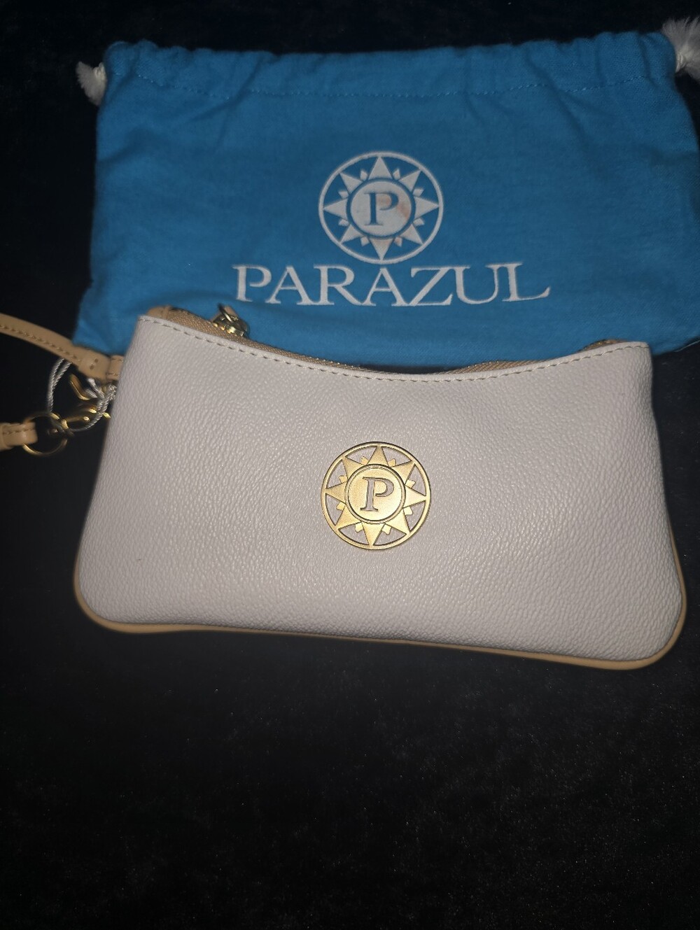 Cream Leather Wristlet Pouch with Gold Logo NWT